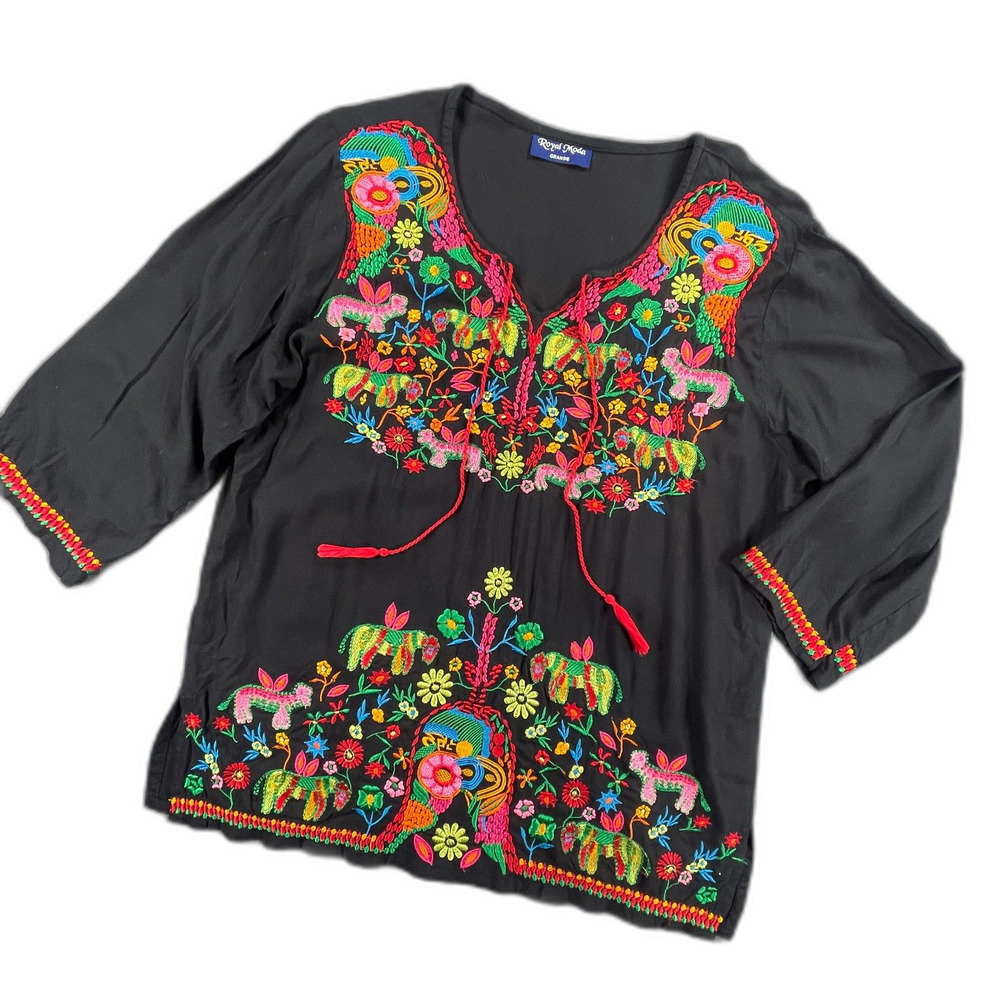 Royal Moda Embroidered Tunic Blouse L Black Viscose Boho Folk Peasant Artsy Top